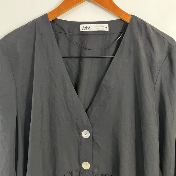 Zara Womens Blouse Medium Relaxed Fit Peplum Tunic Button Up 3/4 Sleeve Babydoll - Picture 6 of 6